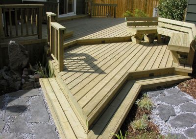 custom made wood deck with bench